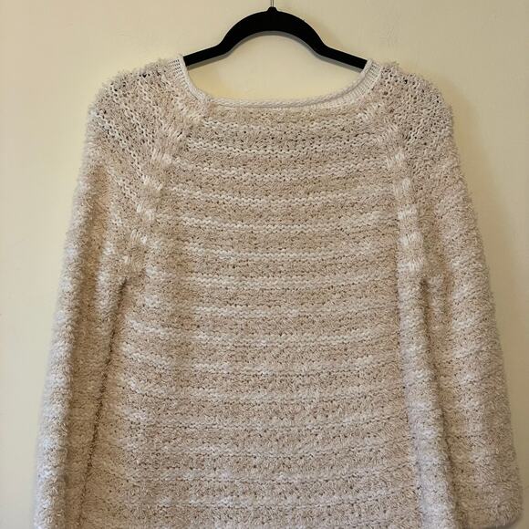 Anthropologie S knit sweater stripe neutral fuzzy knit off-white boho chic cozy - Picture 6 of 7